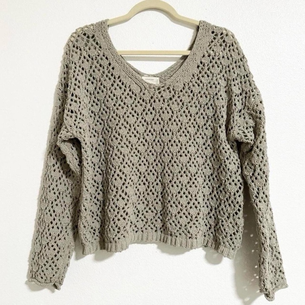 Open Knit V-Neck Sweater - Taupe